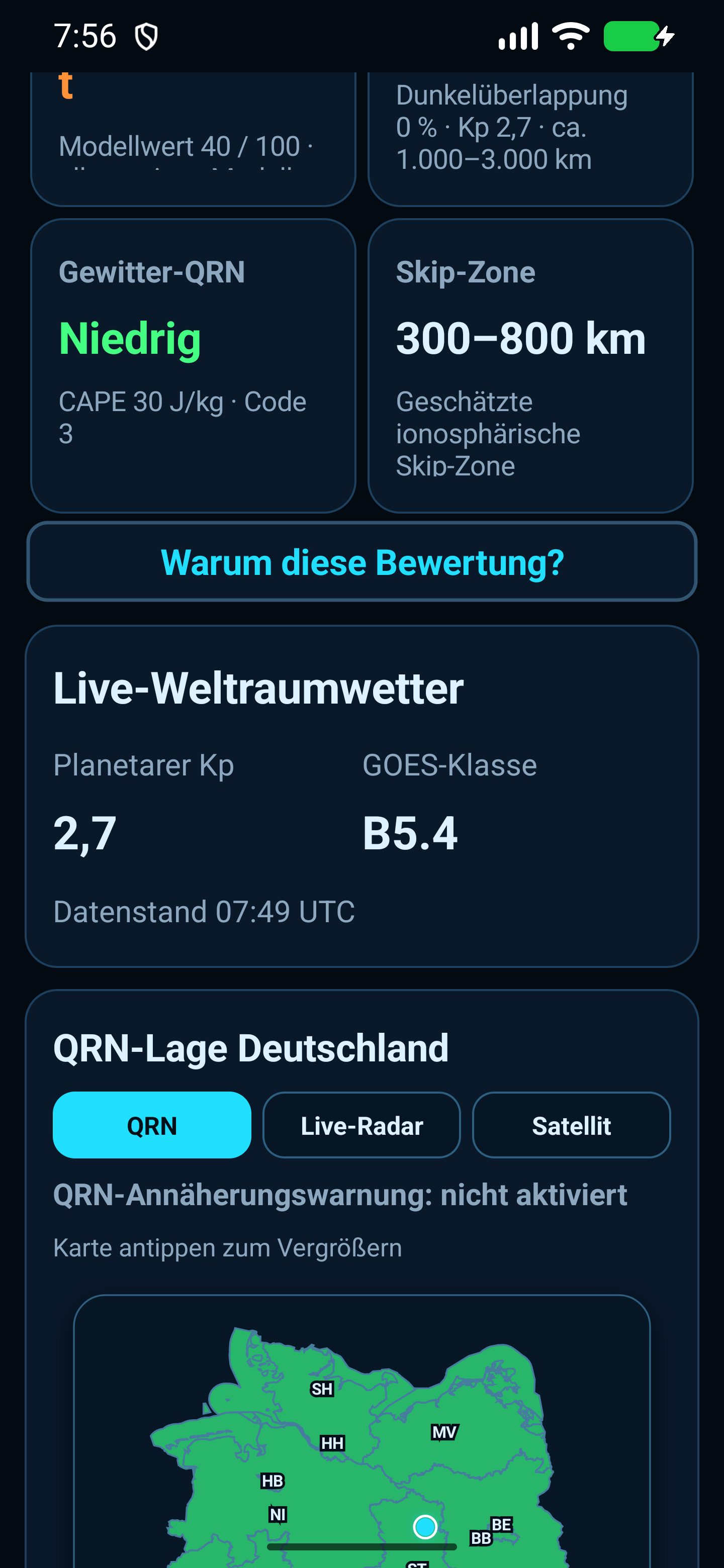 Live-Weltraumwetter und QRN-Bereich der App