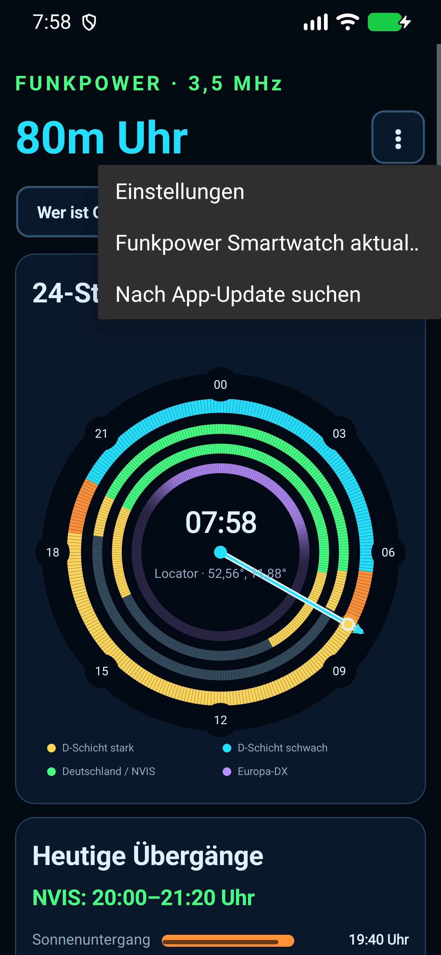 App-Menü mit Einstellungen und Updateprüfung