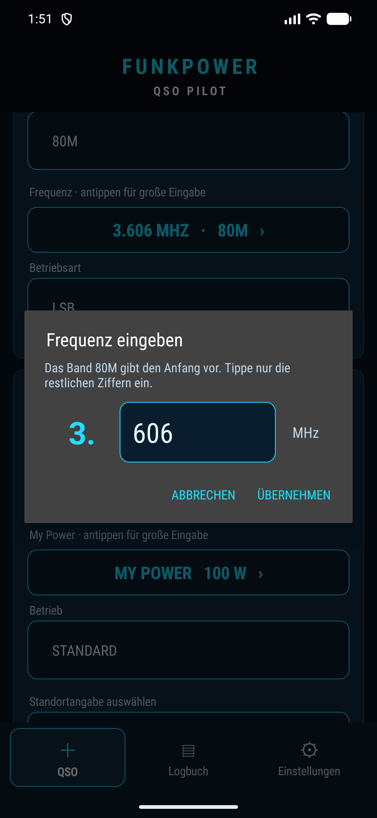 Großer Dialog zur Frequenzeingabe
