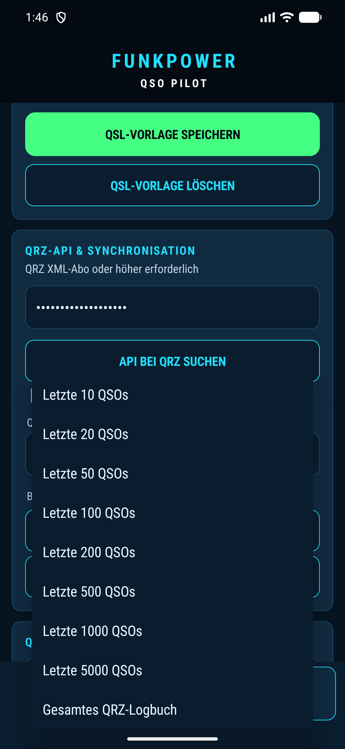 Auswahl des QRZ-Logbuchumfangs bis zum gesamten Logbuch