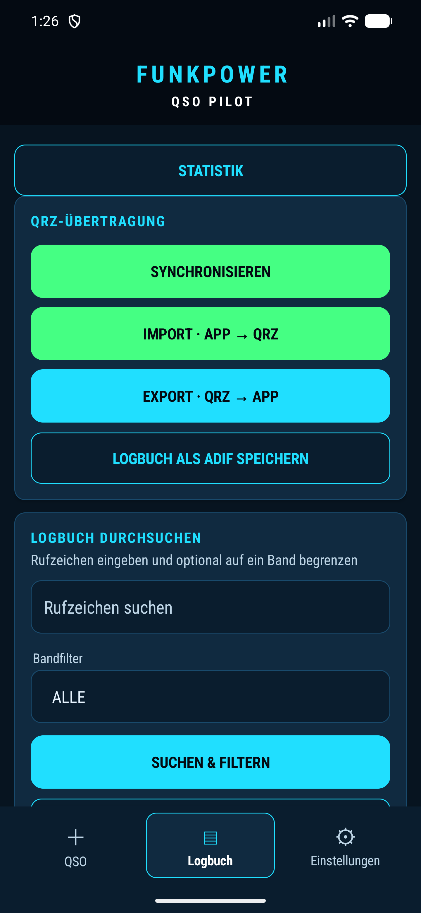 Synchronisieren, QRZ-Übertragung und ADIF-Sicherung