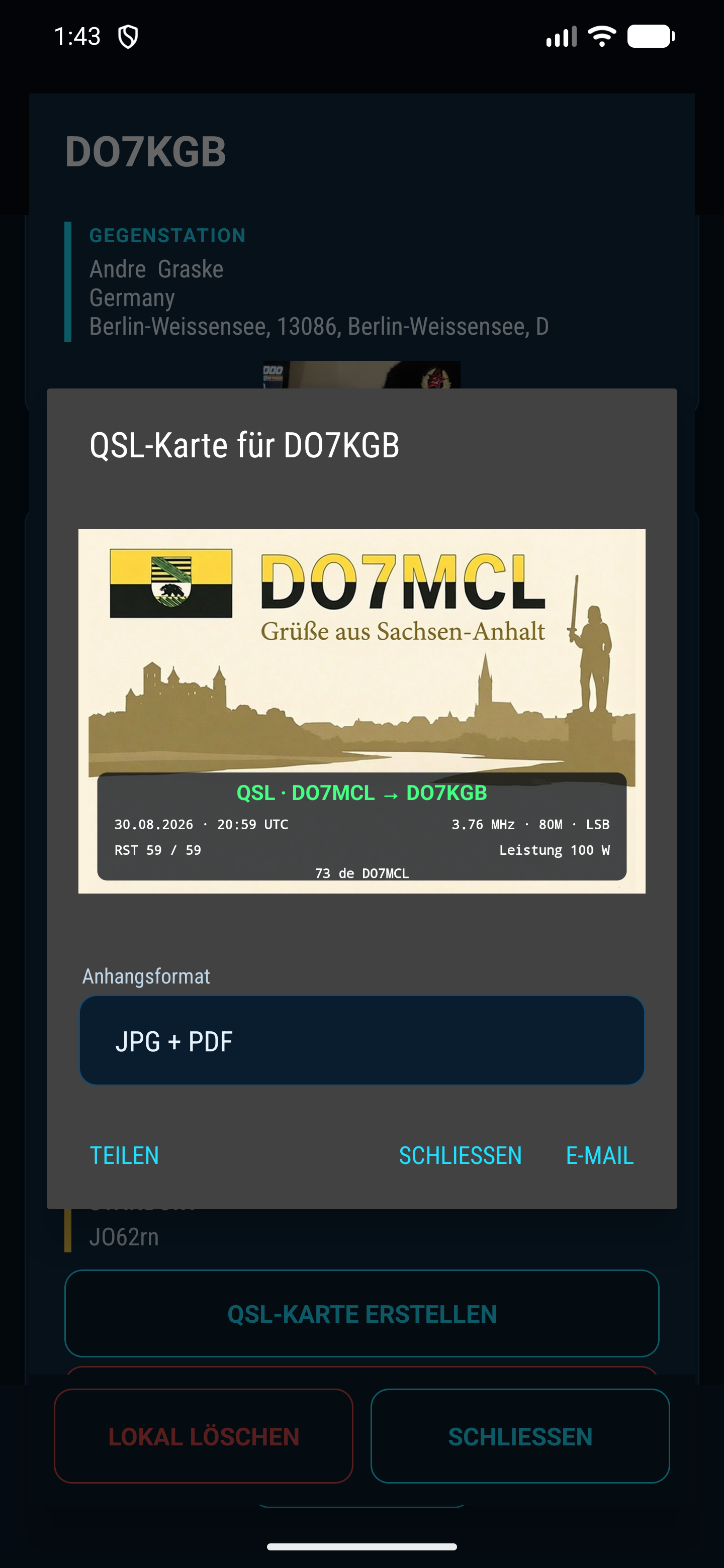 Erstellte QSL-Karte von DO7MCL für DO7KGB als JPG und PDF