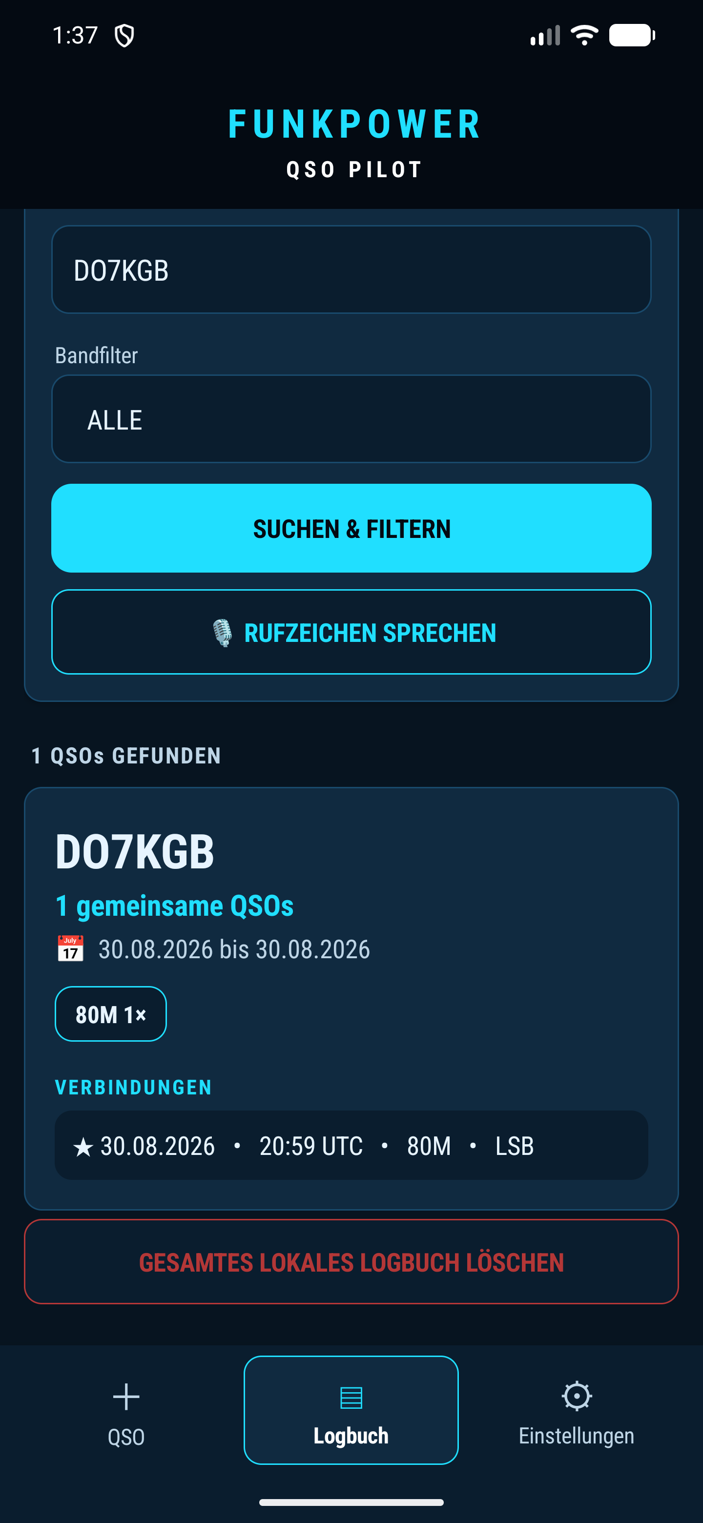 Logbuchsuche nach DO7KGB mit Bandfilter