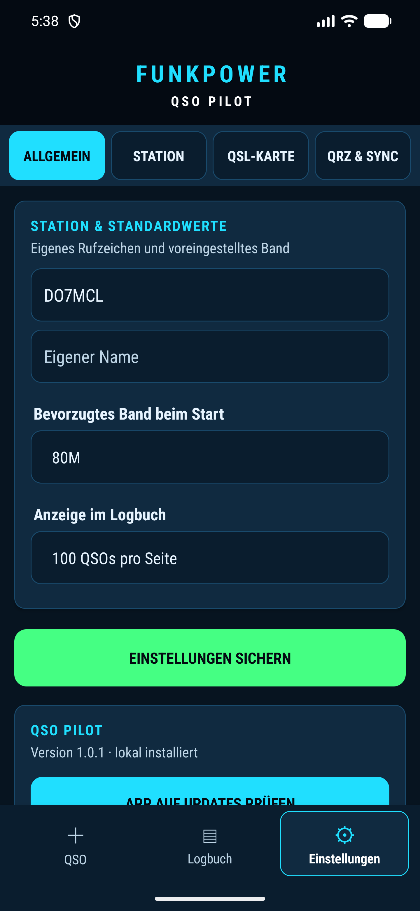 Reiter Allgemein mit App-Update, DO7MCL, Startband und Logbuchanzeige
